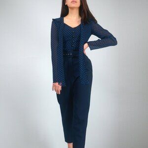 Alice Temperley Polka-Dot Georgette Crinkle Tie Neck Blouse Black & Blue, sz XS